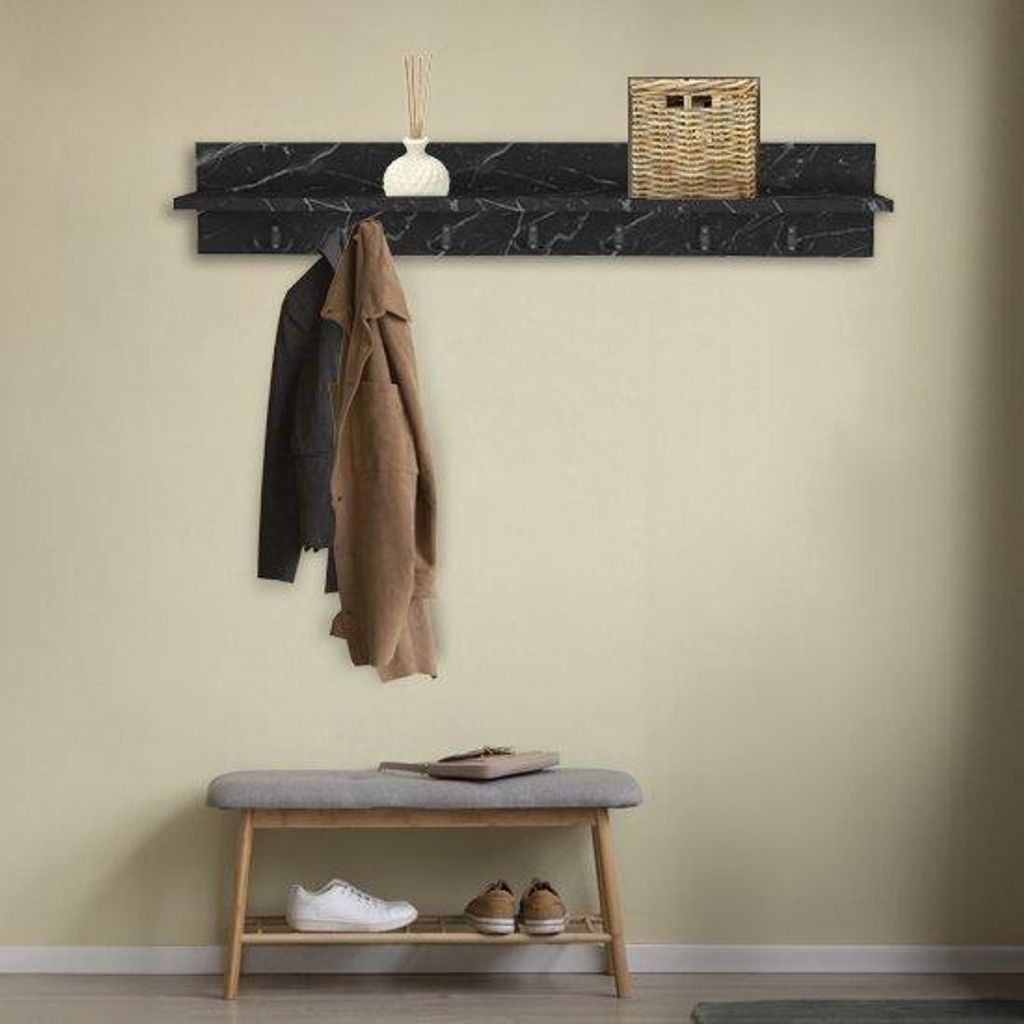 Bino Wandgarderobe mit Ablage 14 Haken MDF Schwarz Marmoroptik 106 cm