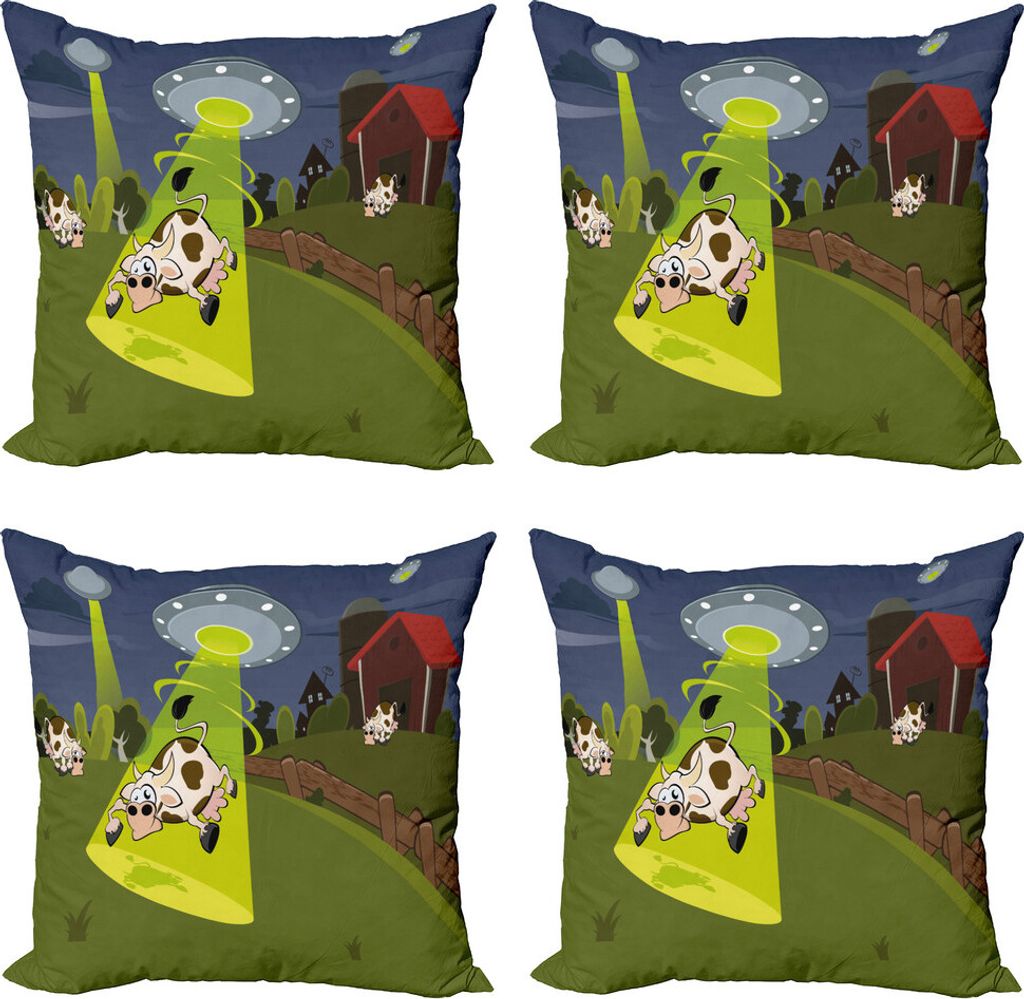 ABAKUHAUS Karikatur Kissenbezug Set (4 Stück), Bauernhof-Kuh-Alien Comics, Moderner Doppelseitiger Digitaldruck, 50 cm x 50 cm, Mehrfarbig