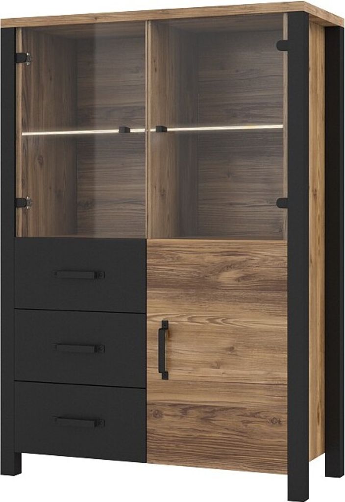 Furniture24 Vitrine OLIN 44 Wohnzimmerschrank 3 Türiger 3 Schubkladen Appenzeller Fichte/Schwarz matt Vitrinenschrank Schrank ohne Beleuchtung