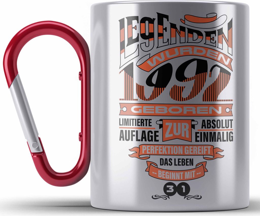 TRENDATION 30. Geburtstag Edelstahl Tasse Karabiner Frau Mann Geschenk 30er Geschenkidee 30 Mutter Vater (Rot)