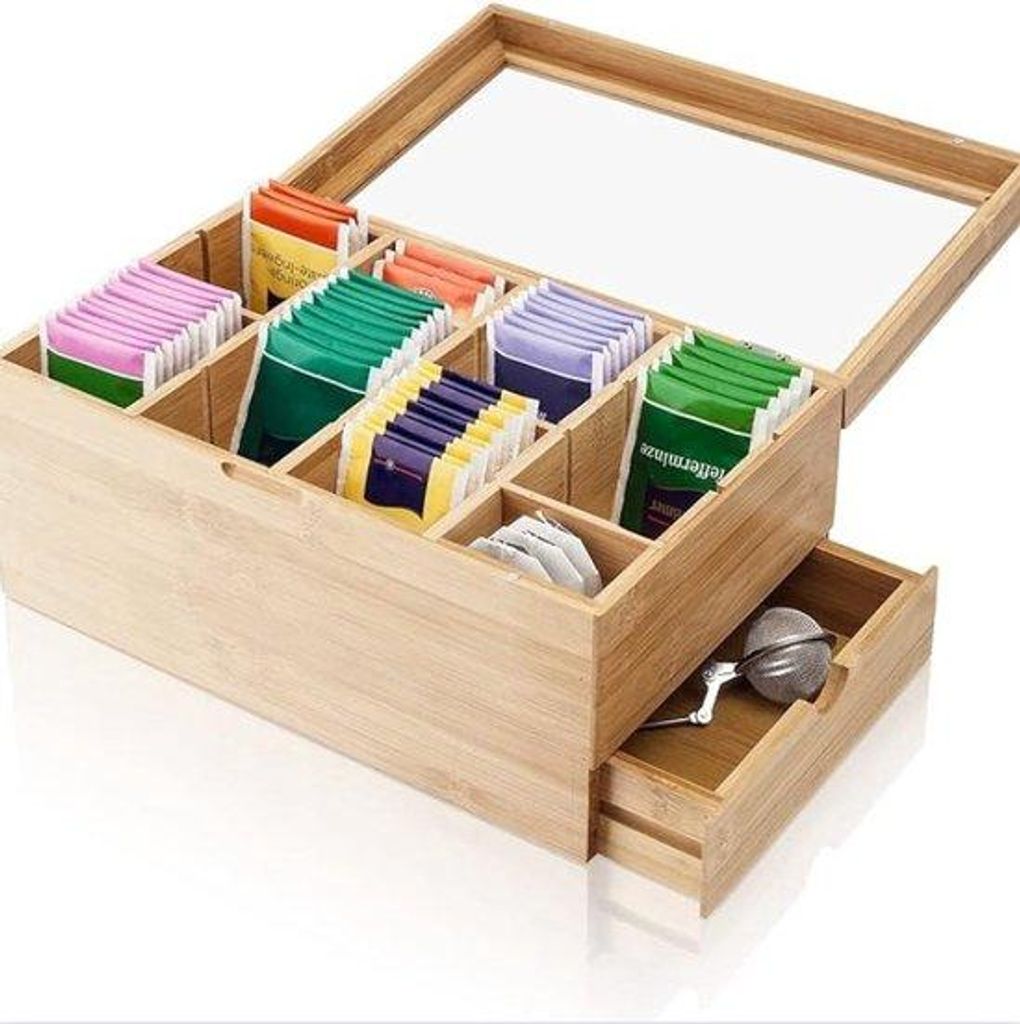 Tea Box - Holz - Lagerung von Teebeuteln - Sichtfenster mit Schließen - 8 Fächer - Verstellbar - Holz