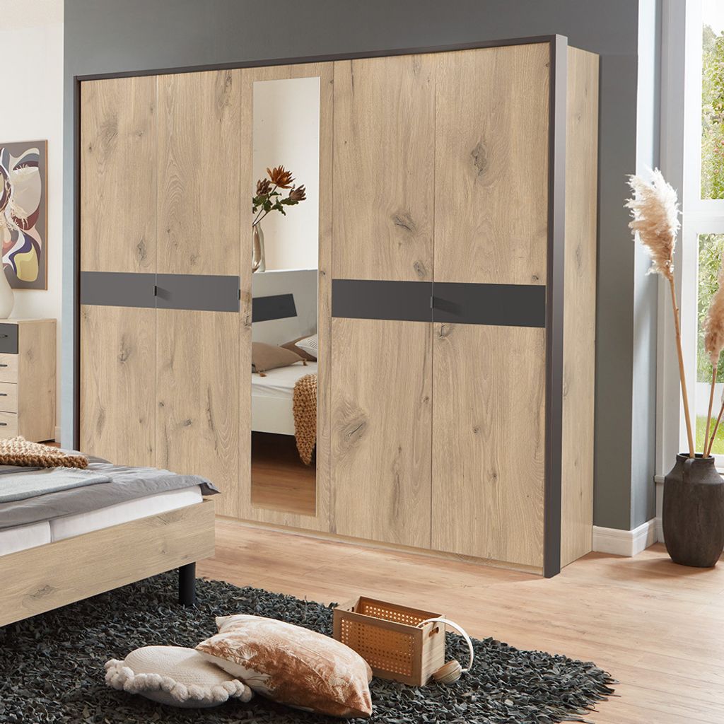 Kleiderschrank 228 cm 5-türig mit Passepartoutrahmen BRADFORD-43 Eiche mit graphit