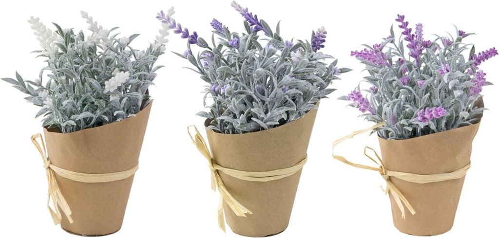 Künstlicher Lavendel mit Übertopf 22cm Kunstblume Kunstpflanze Lavendelbusch, Farbe:weiss