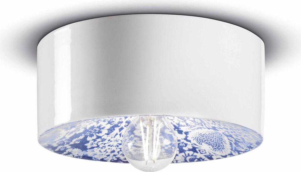 Deckenlampe Keramik E27 D: 25 cm Weiß Blau rund Retro Design Keramikleuchte