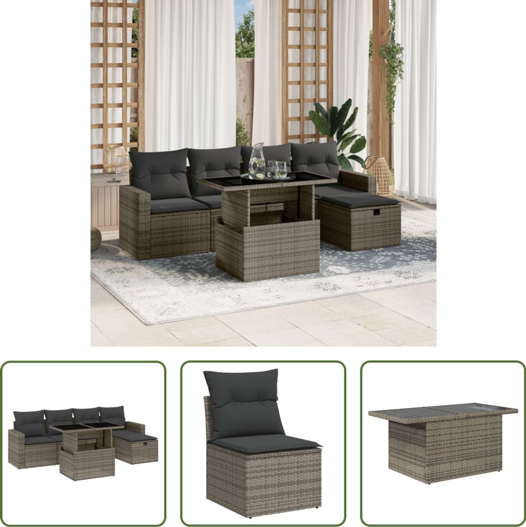 The Living Store 6-tlg. Garten-Sofagarnitur mit Kissen Grau Poly Rattan