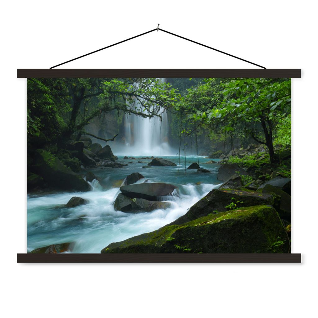 MuchoWow Textilposter Leuchtend blauer Wildfluss und Wasserfälle im Regenwald von Costa Rica 90x60 cm mit schwarzem Rahmen - Aufhängungssatz