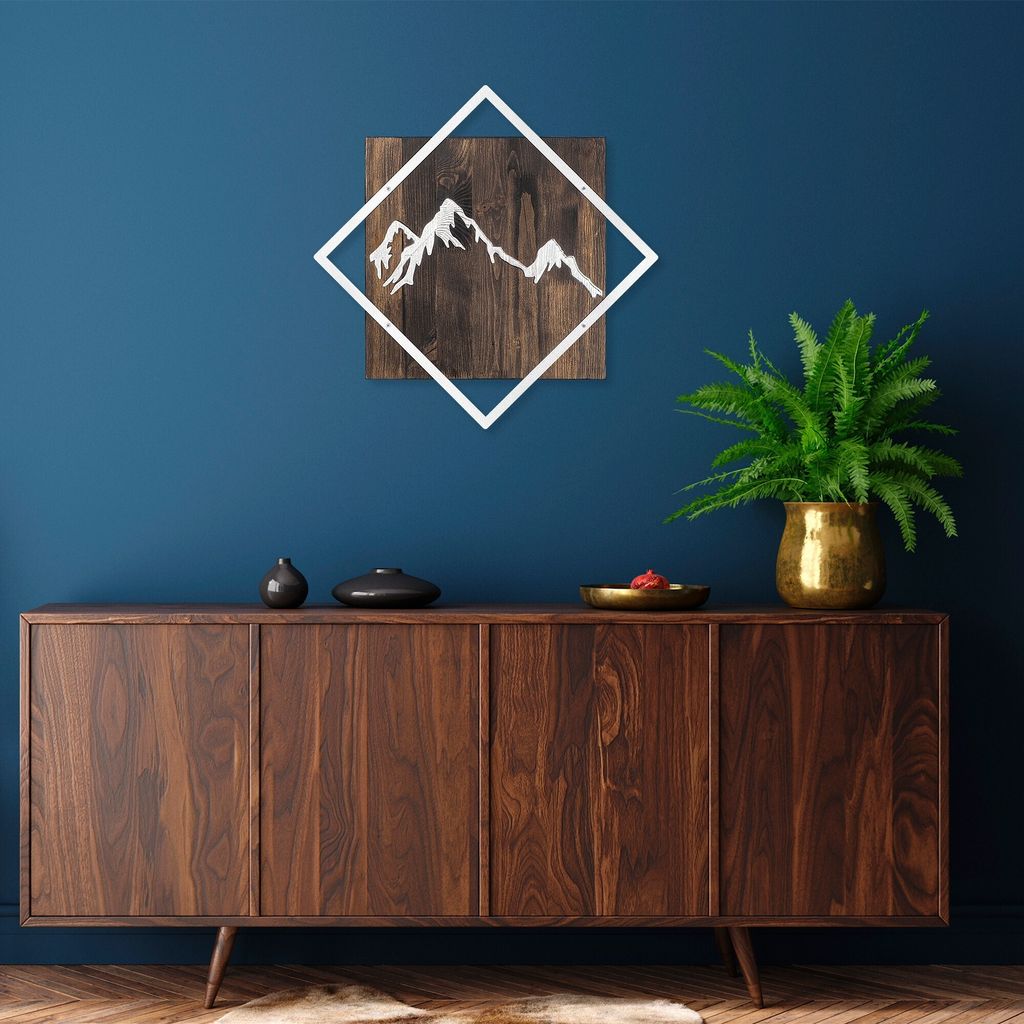 Wallity, Mountain- SKL2259, Nussbaumfarbe,|,Silber, Sonstige Wohndekorationen, 54 x 54 cm, 50% Holz (Dicke: 3 cm) / 50% Metall (Dicke: 1