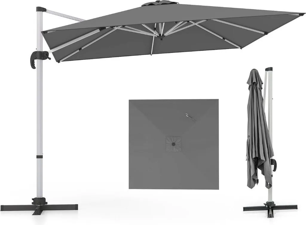 Parasol rectangulaire 300 x 300 cm gris avec manivelle d'ouverture facile
