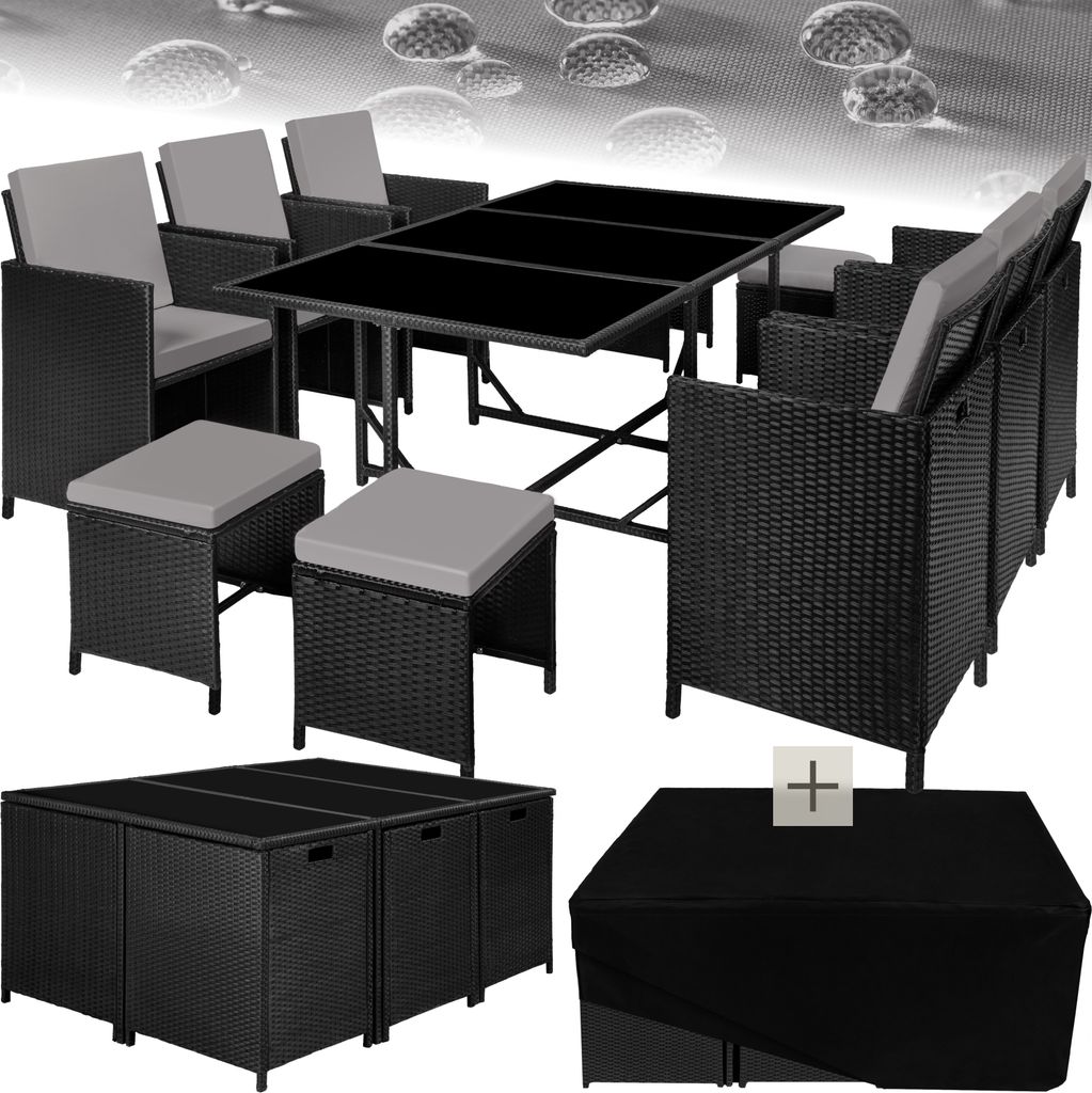A collage of images showing a rattan garden furniture set, including chairs, a table, and storage boxes, with a protective cover.