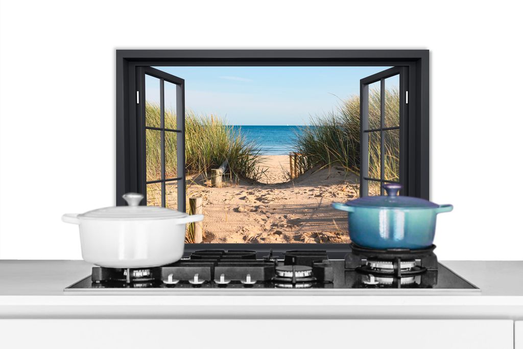 KitchenYeah Spritzschutz Küche - Küchenrückwand - Wandschutz für Herd und Spüle - Durchblick - Strand - Meer - Sand - Wasser - Strandhafer -...