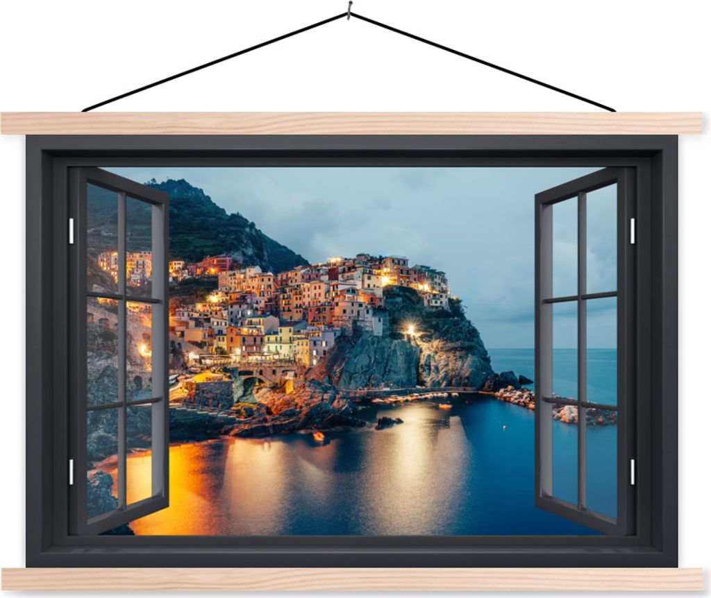 MuchoWow Textilposter Ausblick - Italien - Meer 120x80 cm mit holzfarbenen Rahmen - Aufhängeset