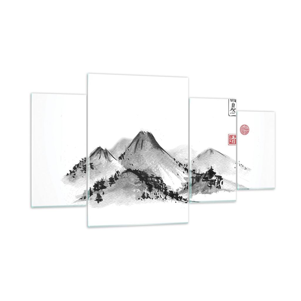 Bilder auf glas - 4 Teile - Zeichnen Asien Berge - 160x90cm - Glasbilder - Wandbilder - Bilder - zum Aufhängen bereit - Wanddekoration aus Glas - ...
