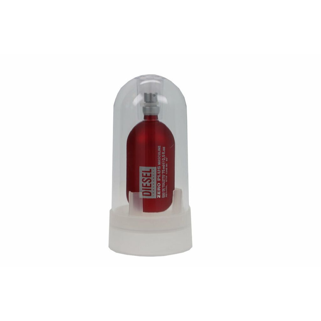 A red bottle of Diesel Zero Plus Eau De Toilette is displayed inside a clear plastic dome on a white base.