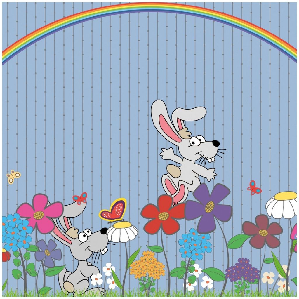 Wallario Memoboard Magnettafel aus Glas, Größe 50 x 50 cm, Motiv Süße Hasen unter einem Regenbogen