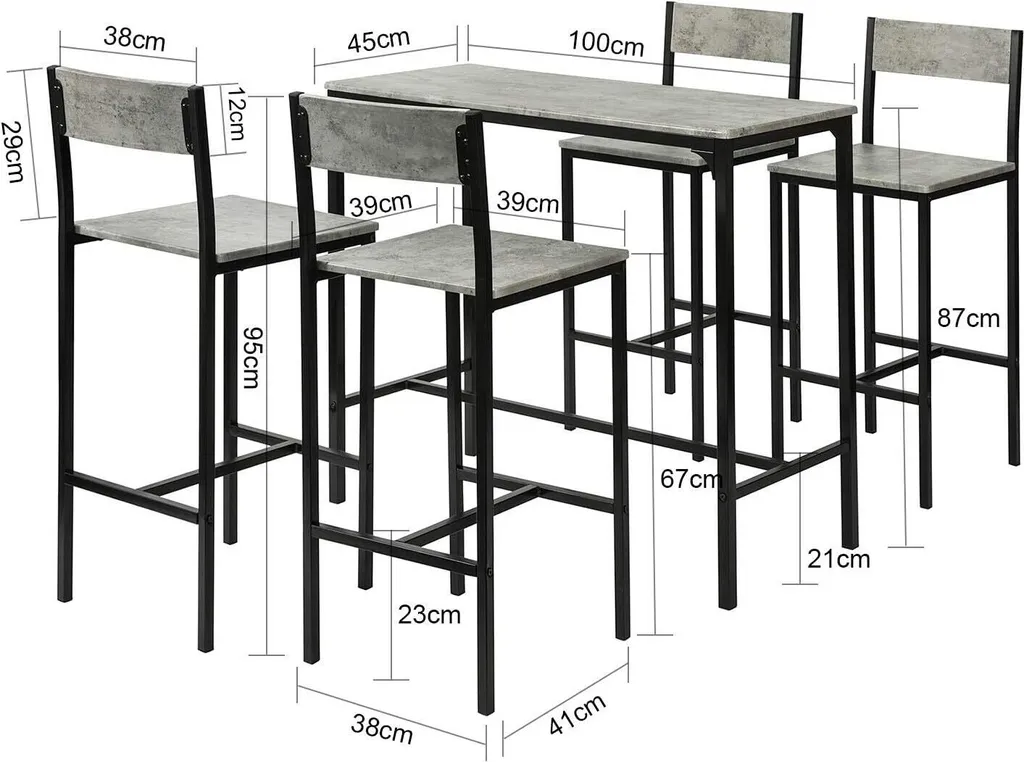 Table de bar 5 pièces plateau gris effet ciment et pieds en métal noir
