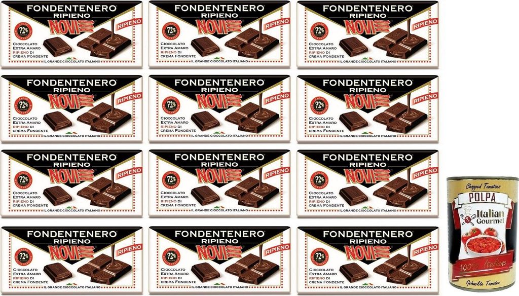 12x Novi Fondentenero Ripieno,Extrem Bittere Schokolade Gefüllt mit Dunkler Sahne,72% Kakao,105g + Italian Gourmet Polpa di Pomodoro 400g Dose