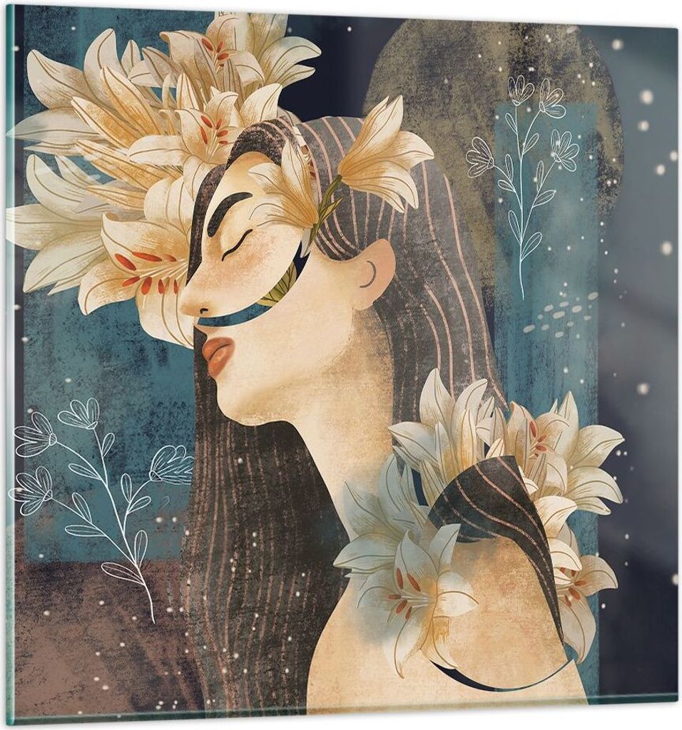 Bilder auf glas - Einteilig - Surreal Frau Blumen - 40x40cm - Glasbilder - Wandbilder - Bilder - zum Aufhängen bereit - Wanddekoration aus Glas - ...