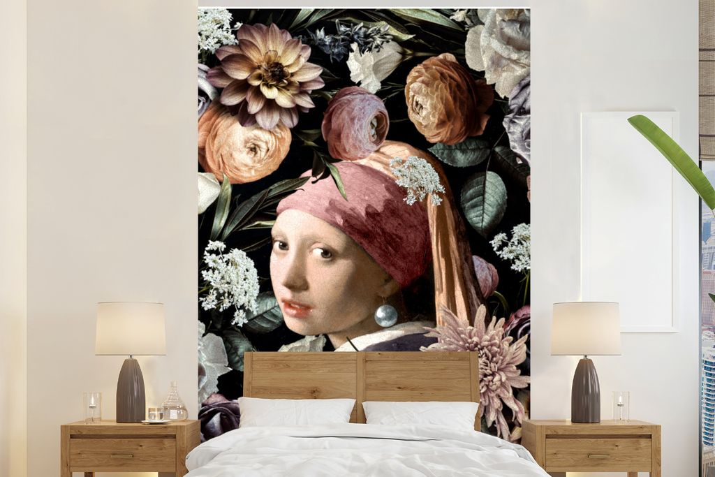 MuchoWow Fototapete für Wohnzimmer oder Schlafzimmer Wandtapete Vinyl Motivtapete Mädchen mit Perlenohrring - Blumen - Vermeer - Pastell - Kuns...