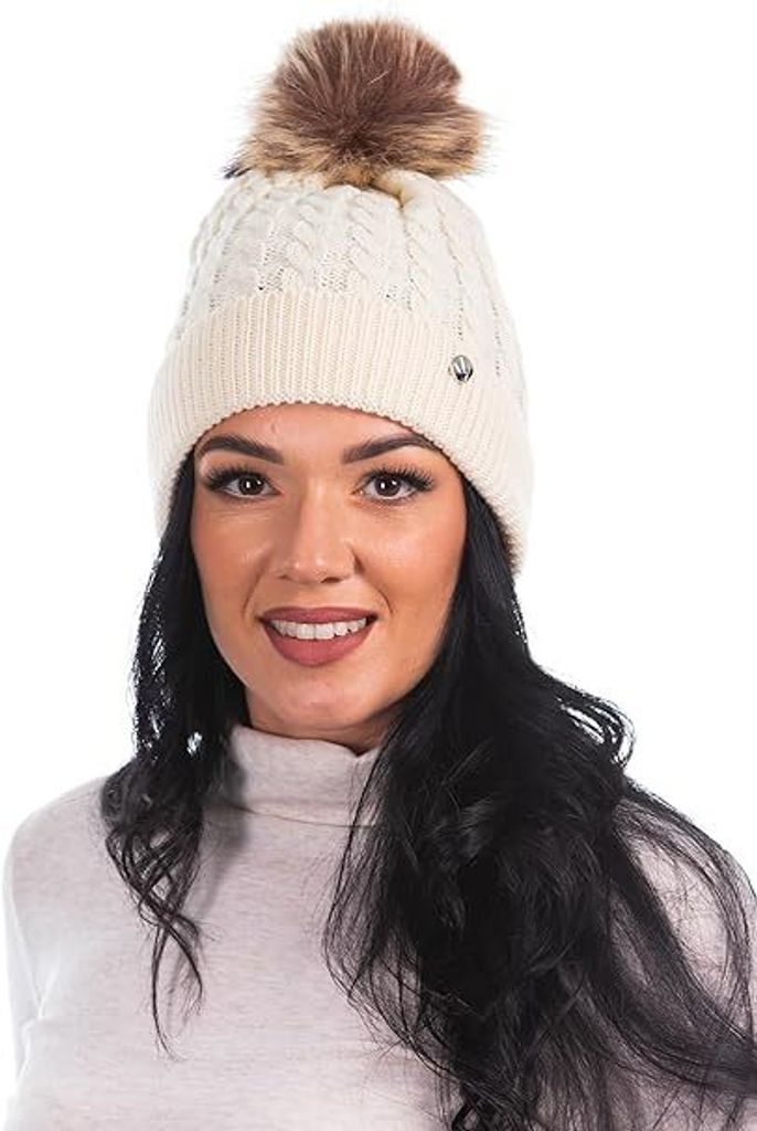 HEYO Damen Mütze mit Kunstfellbommel, Bommelmütze, Wintermütze mit Pompom, Strickmütze Beanie für Winter beige