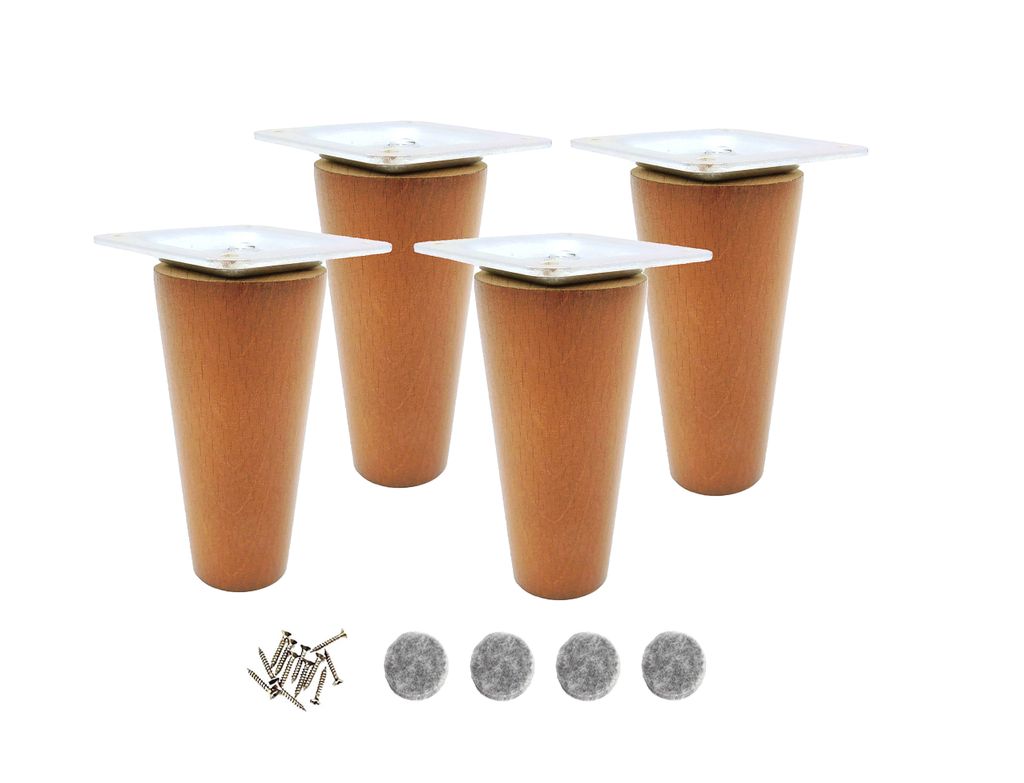 4x Holz Möbelfüße 9 cm – Buche nussbaum gebeizt, gerade Möbelbeine mit Montageplatte