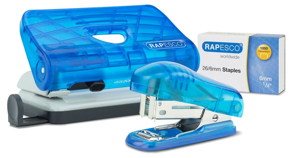 Rapesco Bug Heftgerät und 2-Locher Set, 1000 Heftklammern, Transparent Blau