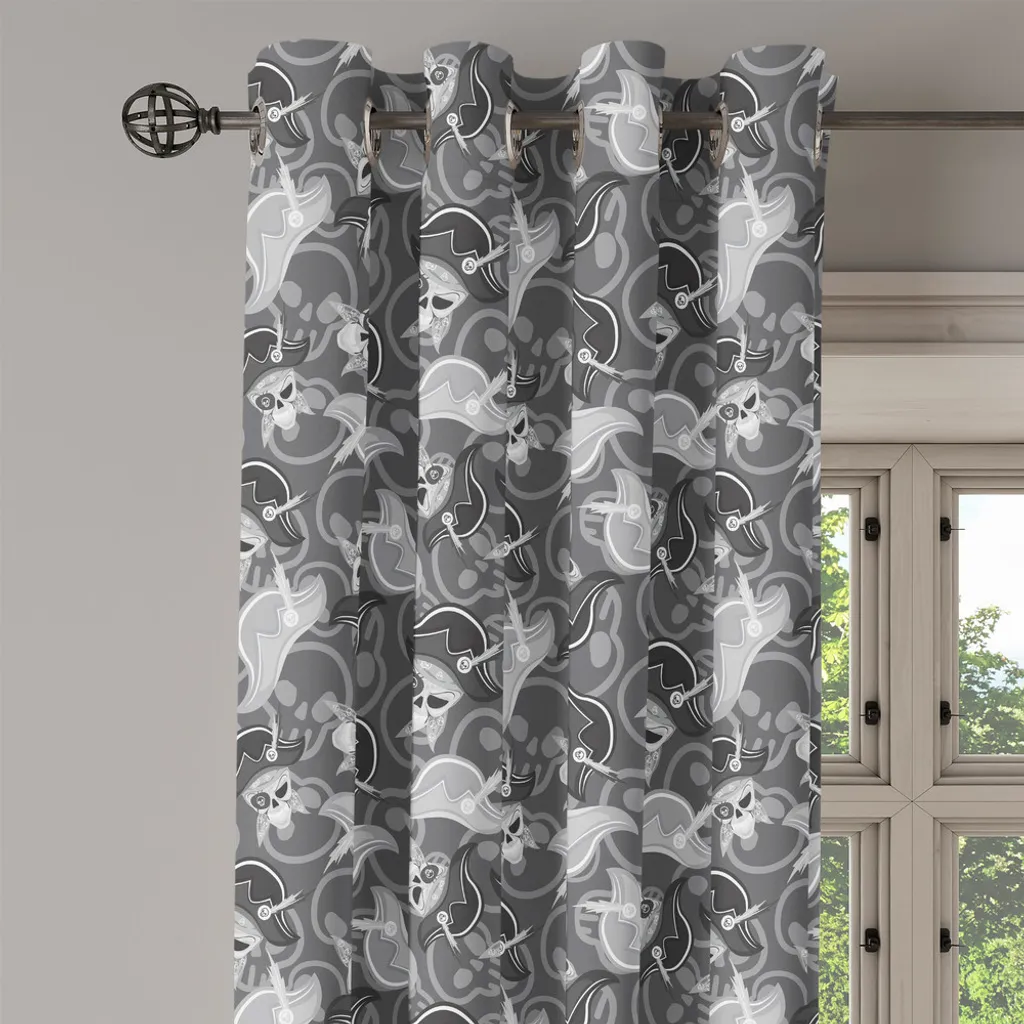 ABAKUHAUS Tenda con occhielli Pirates, motivo in scala di grigi - teschio con cappello e macchie al posto degli occhi e contorni scarabocchiati, tende decorative a 2 pannelli per finestre, 280 cm x 175 cm, grigio chiaro - 3