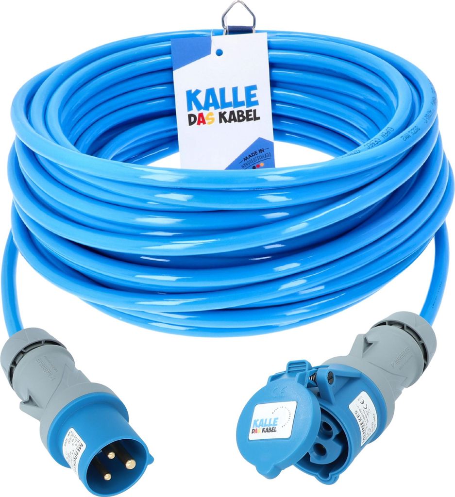 KALLE DAS KABEL CEE PUR-Verlängerungskabel 3G 2,5 mm² 10 Meter 230V 16A IP44 BLAU Panzerkabel Stromkabel Verlängerung Campingkabel Polyurethan-K...