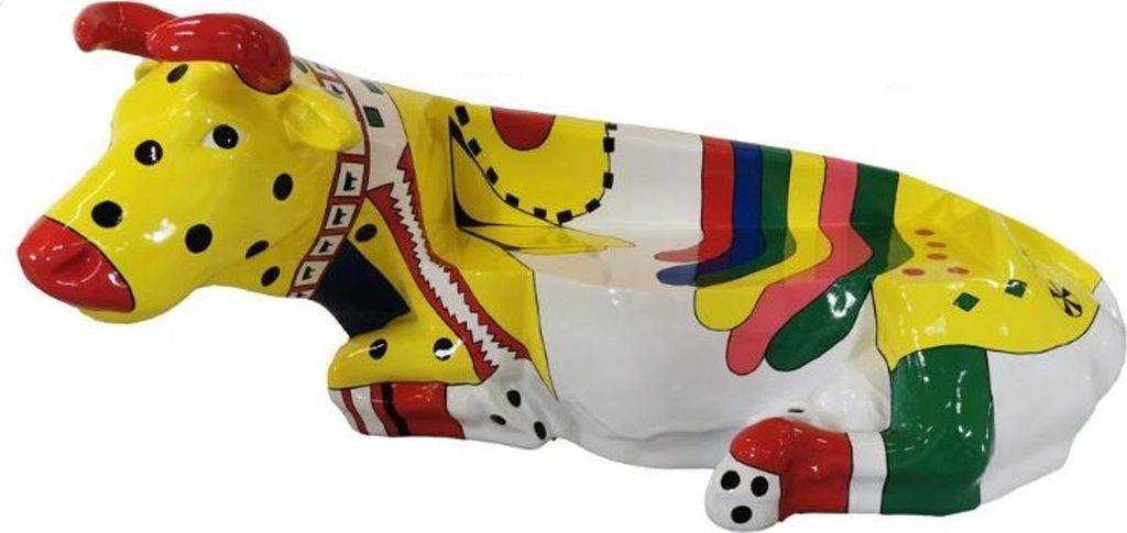 Casa Padrino Designer Sitzbank Kuh Mehrfarbig 200 x H. 98 cm - Wetterbeständige Kuh Skulptur Gartenbank - Garten & Terrassen Deko Accessoires Lebe...