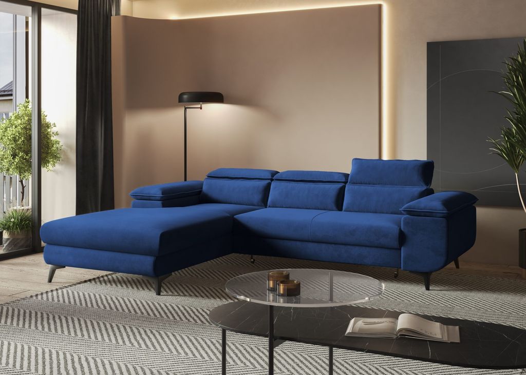 Easy4You FLAT Ecksofa Marineblau L-Form Links 276 x 74 x 205 cm mit Schlaffunktion und Stauraum - Schlafsofa mit Bettkasten - Moderne Wohnzimmermö...