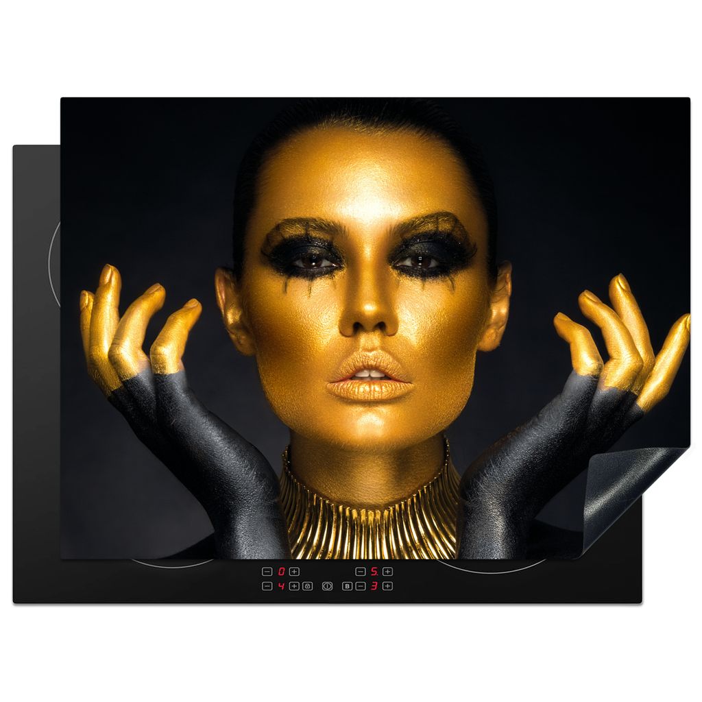 KitchenYeah Herdabdeckplatte Frau - Porträt - Gold - Luxus - Schwarz , 70x52cm, Küche Deko, Glaskeramikkochfeld Herdabdeckung, Abdeckplatte fù...