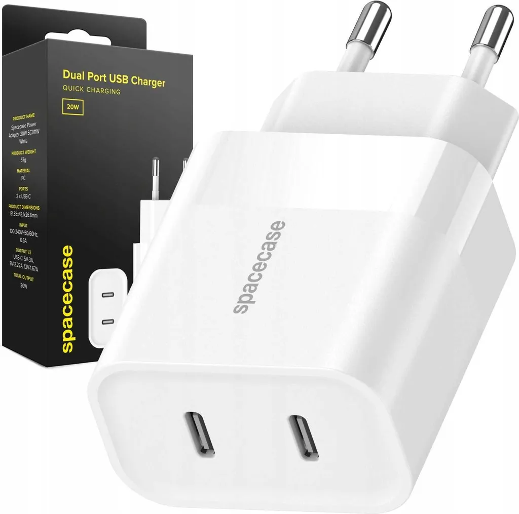 Double Chargeur USB-C 20W SPACECASE pour iPhone et Android Blanc SC011W