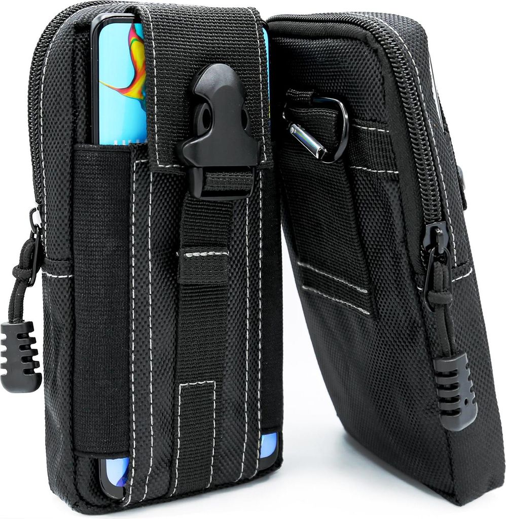 Two black phone pouches are shown side-by-side against a white background. The pouch on the left has a smartphone partially visible inside, and a black buckle closure. The pouch on the right is zipped closed and has a carabiner attached.
