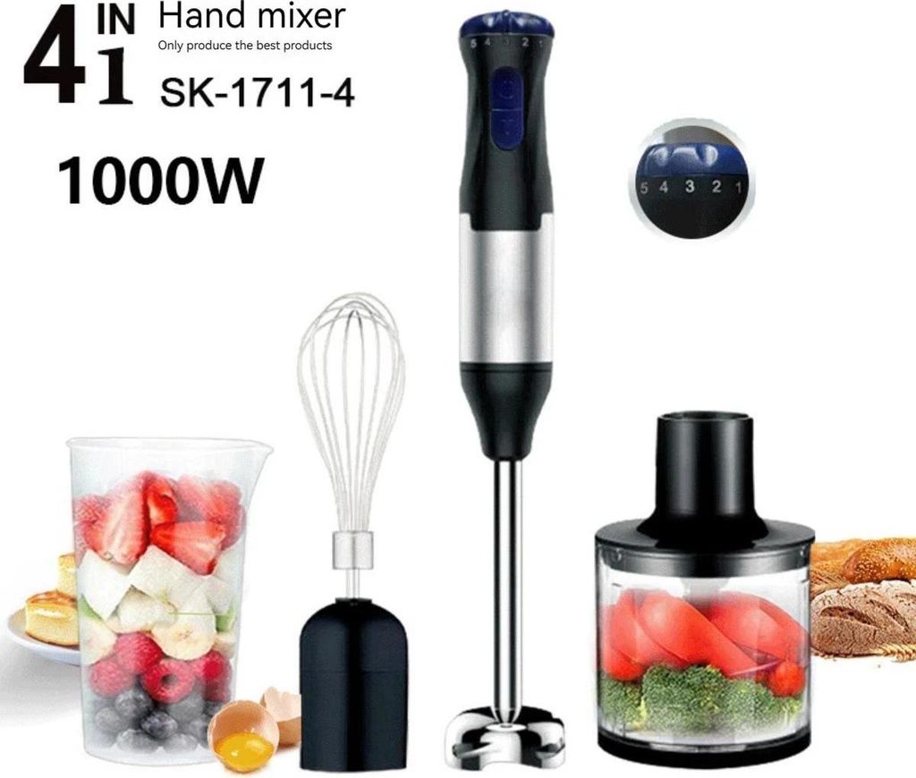 4-in-1 Stabmixer Set - Handmixer und Pürierstab - 1000 W Motor - Edelstahlklingen - Gemüse- und Fleischmixer - Schneebesen und Entsafter - EU-Ste...