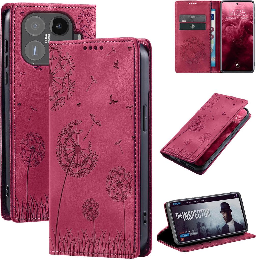 Handyhülle für Xiaomi 15T Pro RFID Schutz Klapphülle Case Cover Design Blume Pusteblume Schutzhülle Farbe: Magenta