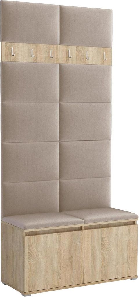 Garderoben-Set Noris I, gepolsterte Garderobe 100 cm mit Sitzbank, Wandpaneelen und Haken (Farbe:Sonoma Eiche + Trinity 04)
