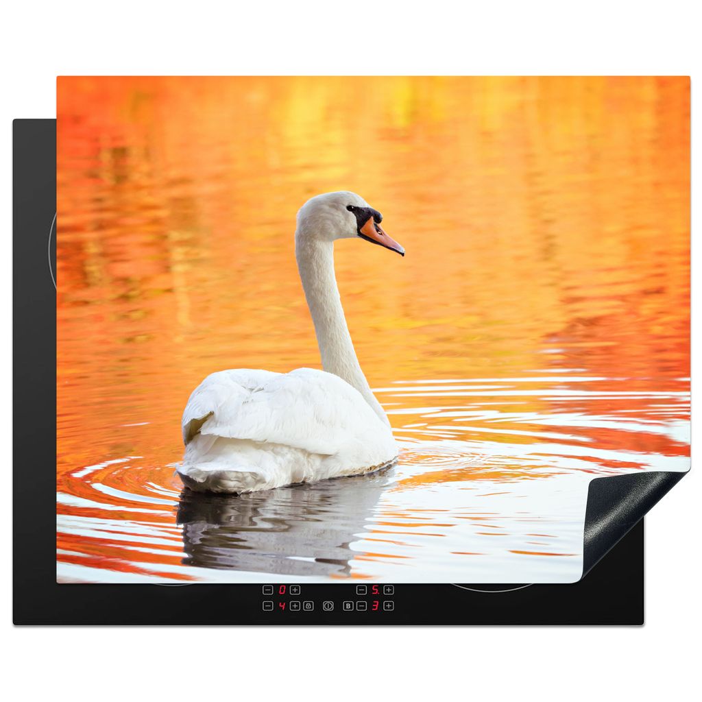 KitchenYeah Herdabdeckplatte Schwan - Wasser - Orange , 65x52cm, Küche Deko, Glaskeramikkochfeld Herdabdeckung, Abdeckplatte fùr Kochfeld
