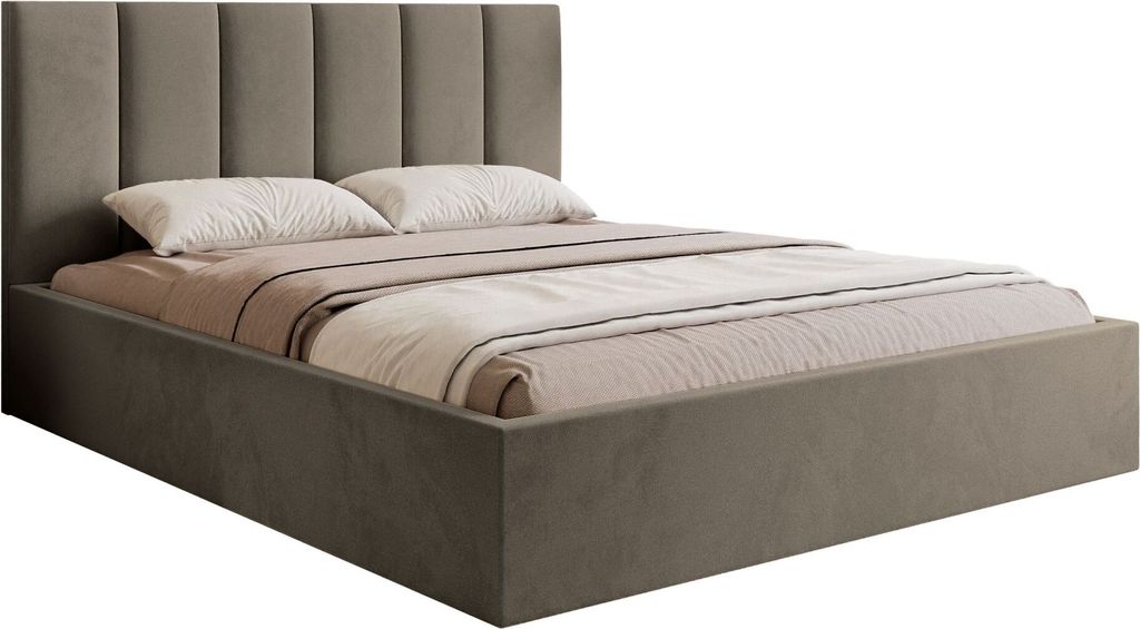 Selsey Masego – Polsterbett 140x200 cm, mit Bettkasten und Veloursbezug, Graubeige