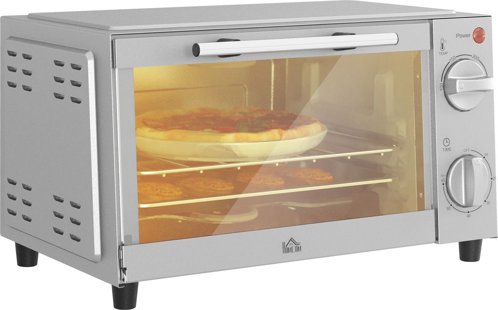 HOMCOM Minibackofen 9L Mini Ofen mit Backblech, Grillrost, 100 °C-230 °C, mit einstellbar Temperatur und Garzeit, 60 Min. Timer, 750W, Edelstahl,...