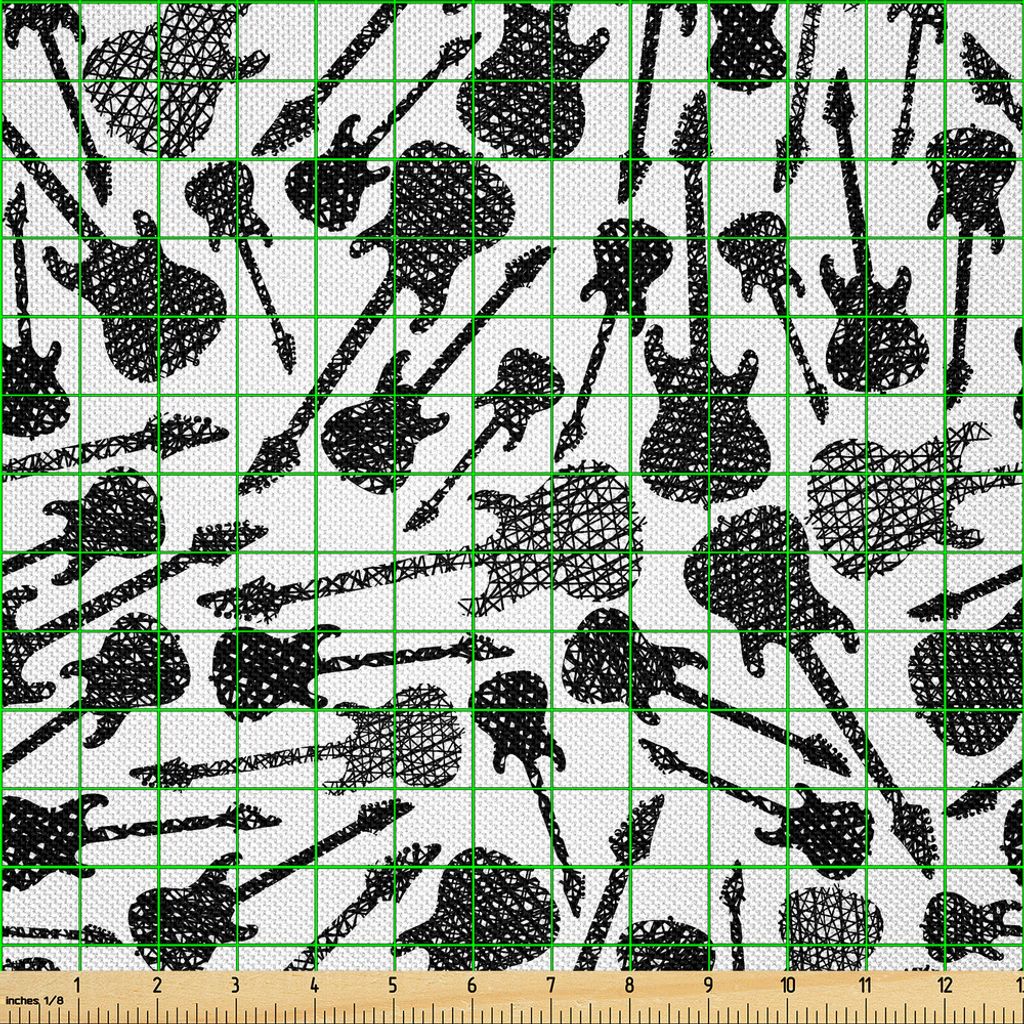 ABAKUHAUS Musik Satin Stoff als Meterware, Grunge Style Hand gezeichnete Art E-Gitarren Sketch Rock Pop Vibes Print, 3 M (148 x 300 cm), Schwarz We...