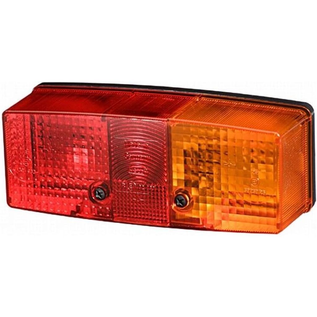A rectangular automotive tail light with separate red and orange sections, mounted on a white background.