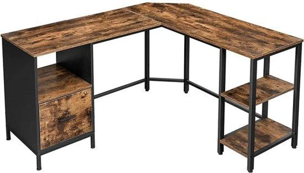Table de travail industrielle bureau d'angle robuste en bois et métal
