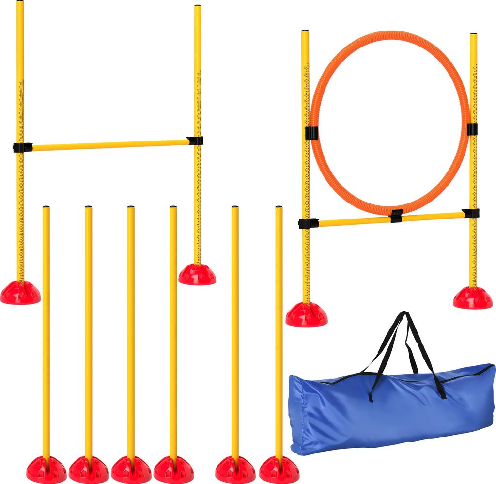 Hunde Agility Set 3-teilig, Steckhürde Sprungring Slalomstangen befüllbar, PE-Kunststoff, Gelb+Orange | 124 x 19,5 x 103 cm | 4 kg | mit Tragetasche