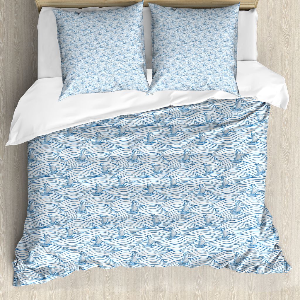 ABAKUHAUS Segeln Bettbezug Set für Einzelbetten, Meer Wellen Segel Skizze, Milbensicher Allergiker geeignet mit Kissenbezug, 200 cm x 200 cm - 80 ...