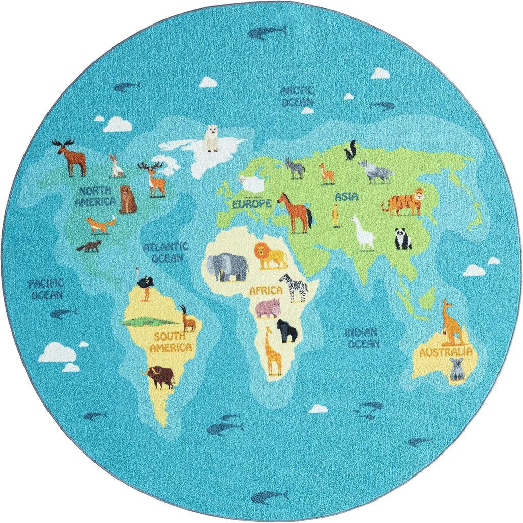 Kinderteppich Spielteppich Kinderzimmer Teppich Kontinente Blau Rund