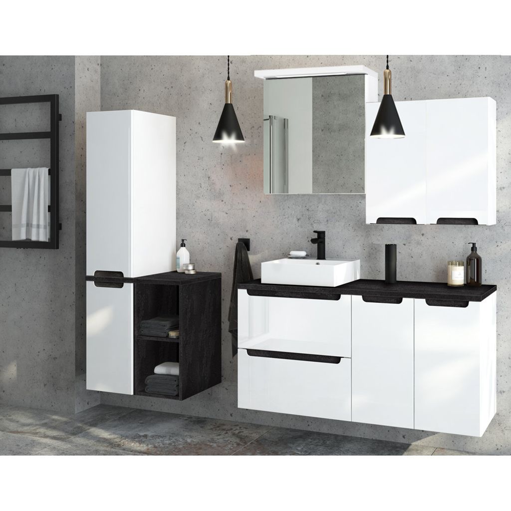 Badmöbel Komplettset Hochglanz weiß mit Beton-Dunkel SOFIA-107 Keramik-Waschtisch & LED-Spiegelschrank, B/H/T ca. 210/200/46 cm