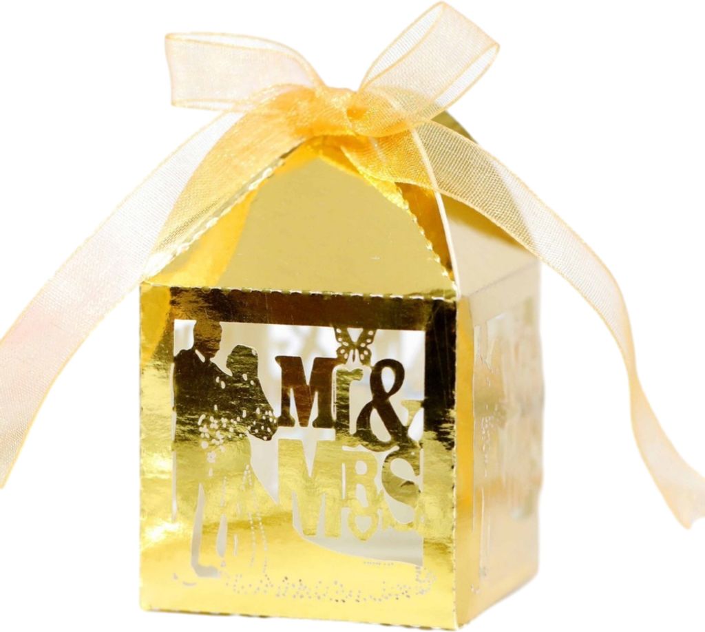 50 Pack Laser Cut Mr & Mrs Square Favor Boxen für Hochzeit Brautparty, Hochzeit Party Dekoration Schokolade Süßigkeiten Boxen mit Band
