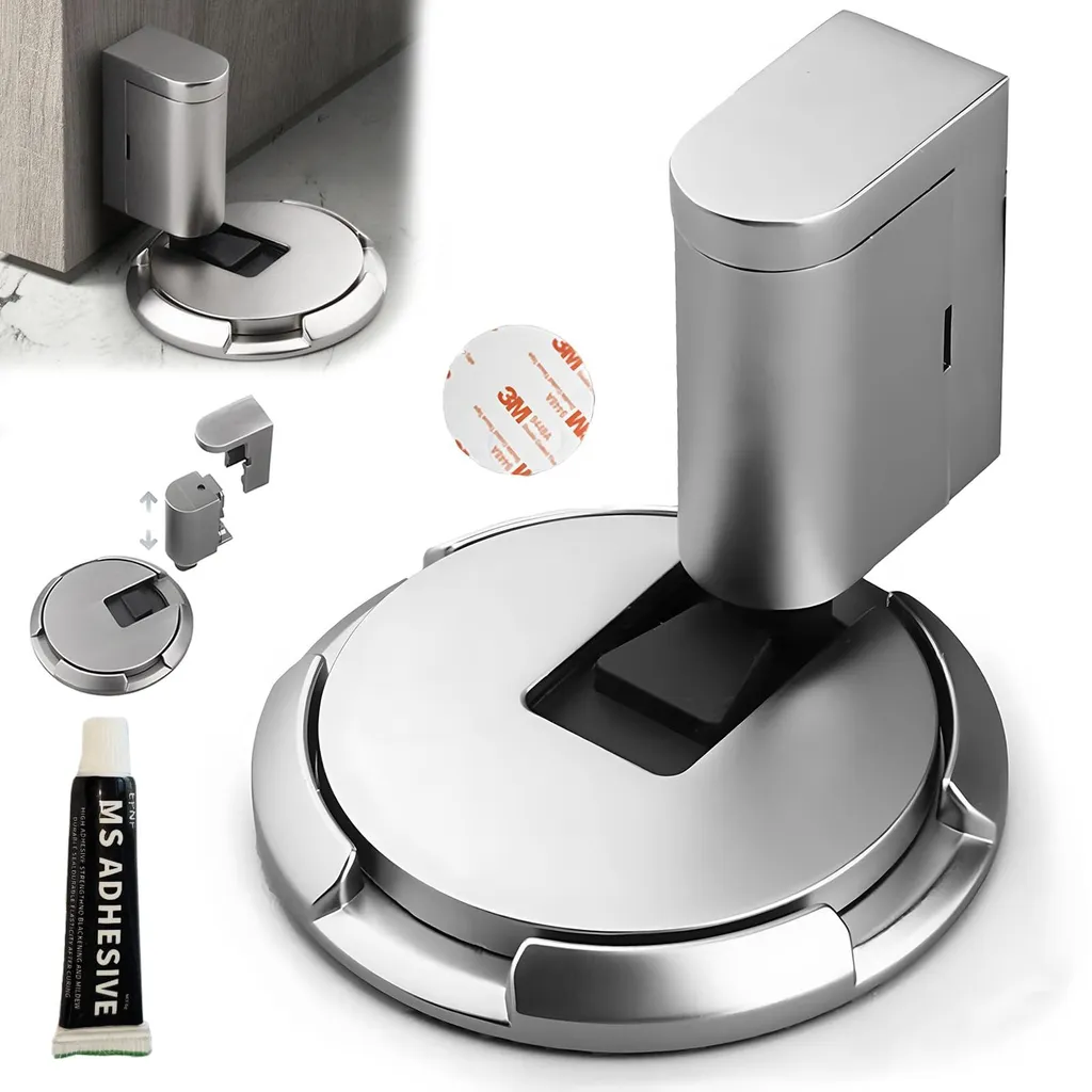 Butée de porte magnétique au sol en inox argent avec adhésif 3M puissant