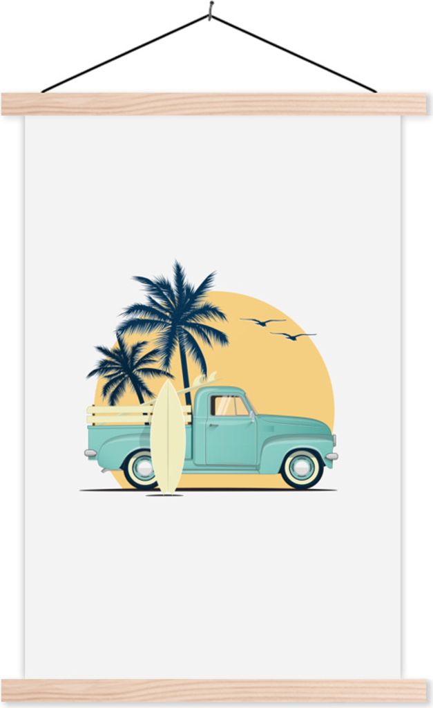 MuchoWow Textilposter Auto - Strand - Surfbrett - Zeichnung 40x60 cm mit holzfarbenen Rahmen - Poster