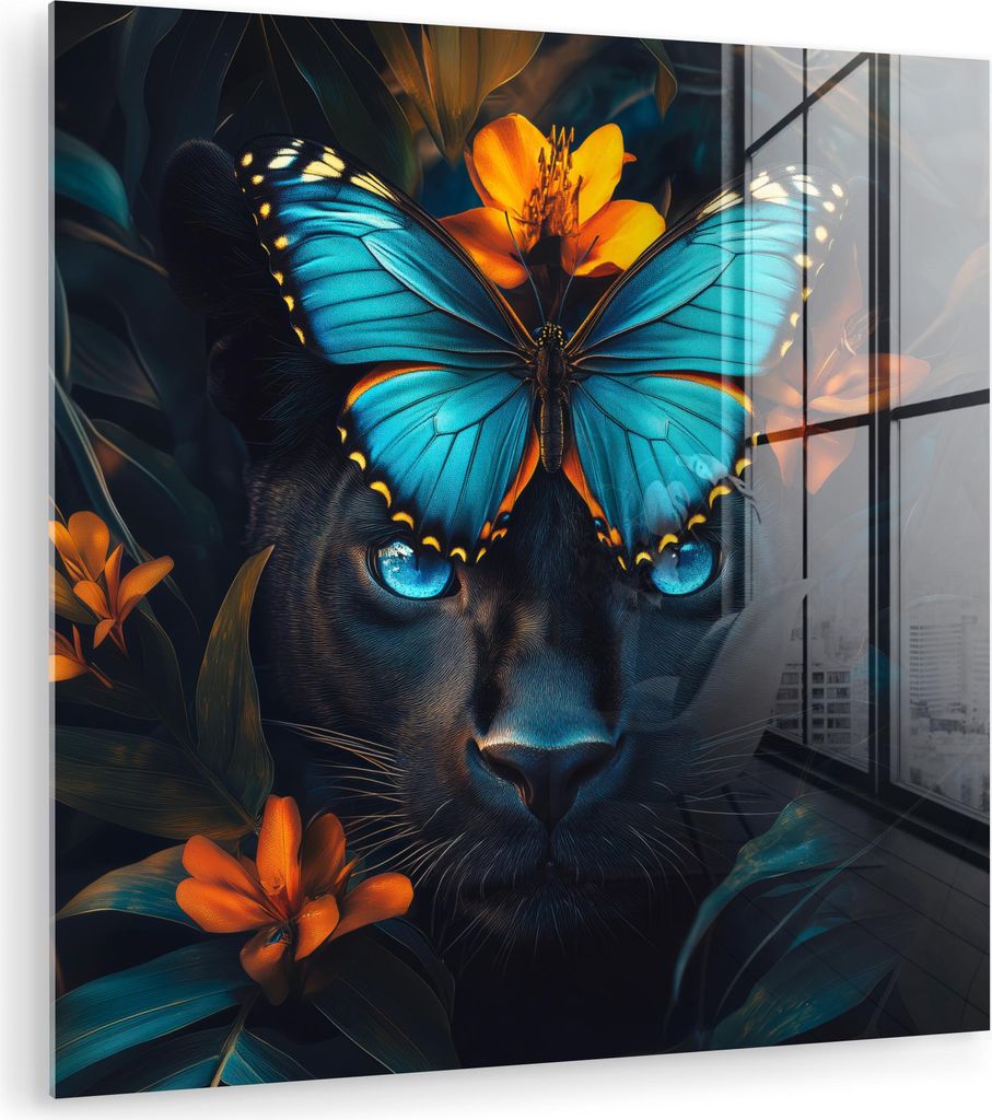 MuchoWow Glasbilder - Bilder auf Wandbild - Foto auf Glas Panther - Schmetterling - Blau - Blumen - Natur 20x20 cm Wanddekoration aus Glas - Acrylg...