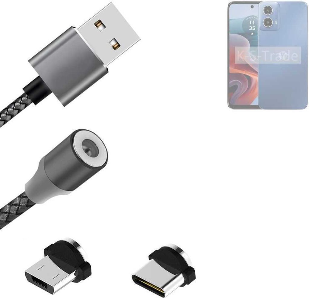 K-S-Trade Hochwertiges Magnet-Lade-kabel Sync-Kabel Daten-Kabel für Motorola G34 5G mit USB-Typ-C-Anschluss und Micro-USB-Anschluss 2A bis zu 480mbps